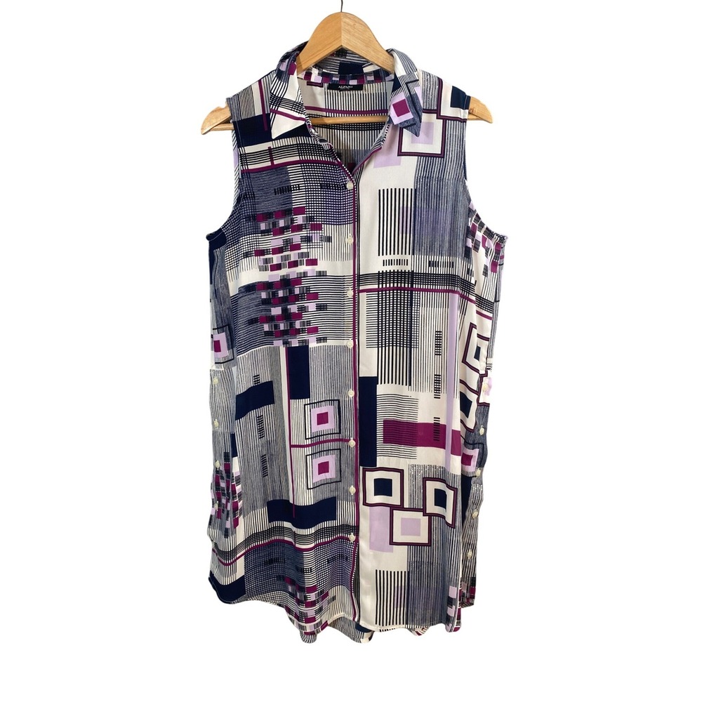 Alfani Geometric Button Up Tunic Top Womens Large Petite‎ Sleeveless Abstract
